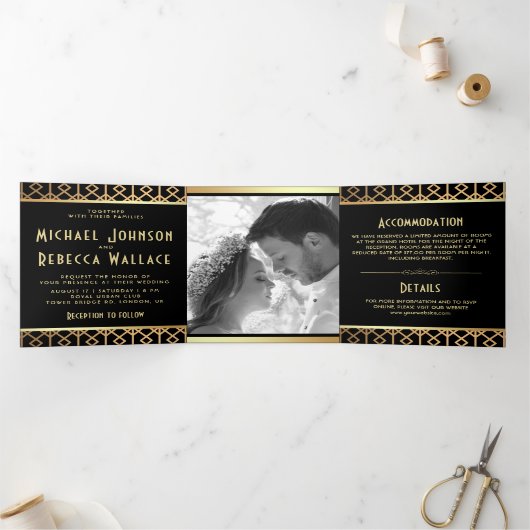  geometrische art deco stijl foto bruiloft drieluik uitnodiging (Binnen)