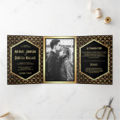 geometrische art deco stijl foto bruiloft drieluik uitnodiging (Binnen)