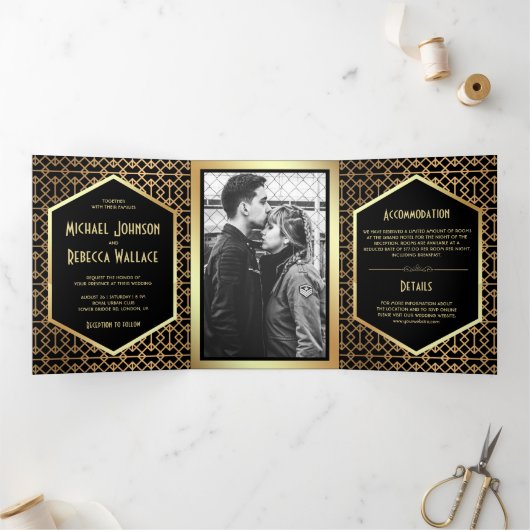  geometrische art deco stijl foto bruiloft drieluik uitnodiging (Binnen)