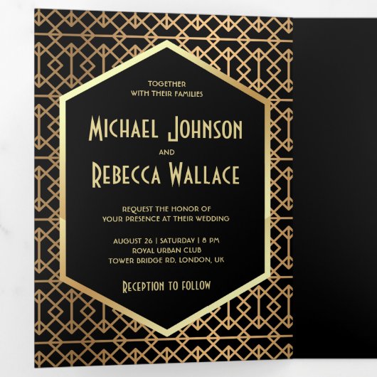 geometrische art deco stijl foto bruiloft drieluik uitnodiging (Binnenzijde eerst)