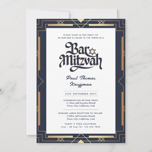 Geometrische BAR MITZVAH Kwaliteit Navy Goud Moder Kaart (Voorkant)