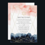 Geometrische bat Mitzvah, Waterverf van Navy en Bl Kaart<br><div class="desc">De Bat mitzvah-uitnodiging met blauw blauw en wazige roze waterverf verfspatten en een gouden geometrische lijst.</div>