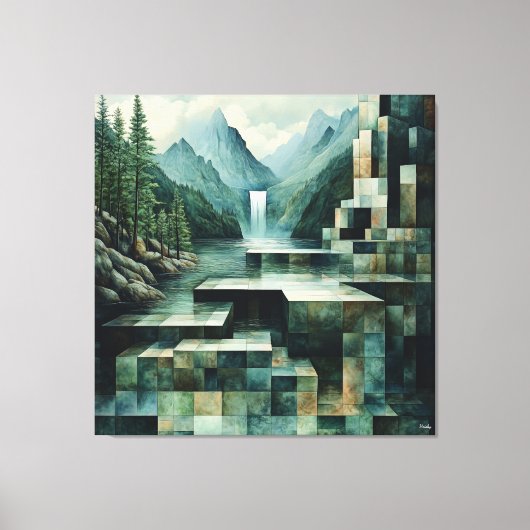 Geometrische bergscène met waterval en meer canvas afdruk (Voorkant)