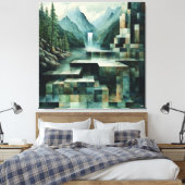 Geometrische bergscène met waterval en meer canvas afdruk (Insitu (Slaapkamer))