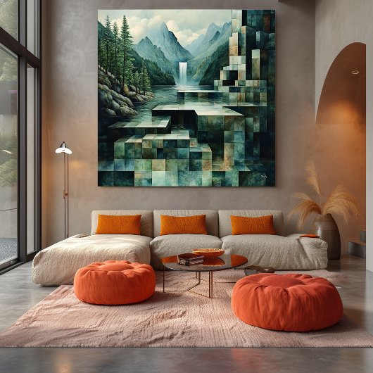 Geometrische bergscène met waterval en meer canvas afdruk