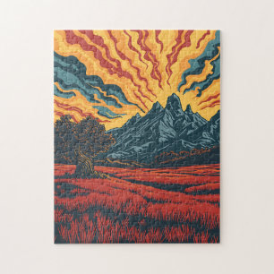 Geometrische bergtoppen en rode veld grafische kun legpuzzel