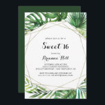 Geometrische bestemming Sweet 16 verjaardagsfeestj Kaart<br><div class="desc">Deze geometrische bestemming zoete 16 verjaardagsfeestuitnodiging is perfect voor een tropische verjaardag. Het ontwerp is voorzien van handbeschilderde waterverf groene palmbladeren en bananenbladeren netjes gerangschikt in prachtige boeketten,  die een gouden geometrisch lijst versieren.</div>