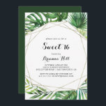 Geometrische bestemming Sweet 16 verjaardagsfeestj Kaart<br><div class="desc">Deze geometrische bestemming zoete 16 verjaardagsfeestuitnodiging is perfect voor een tropische verjaardag. Het ontwerp is voorzien van handbeschilderde waterverf groene palmbladeren en bananenbladeren netjes gerangschikt in prachtige boeketten,  die een gouden geometrisch lijst versieren.</div>