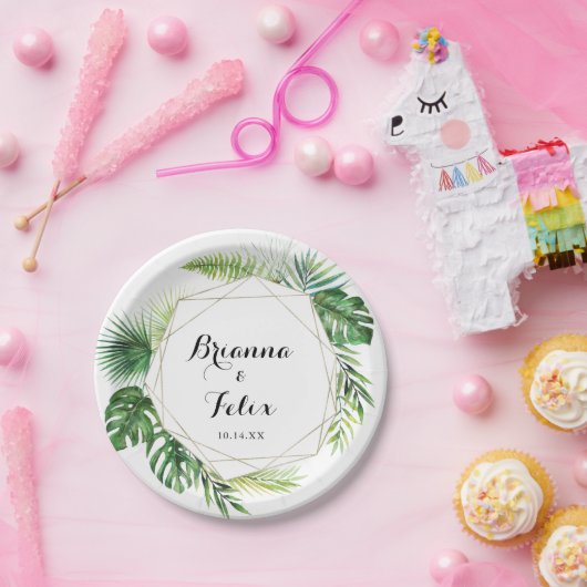 Geometrische Bestemming Tropische Groene Huwelijks Papieren Bordje (Feest)