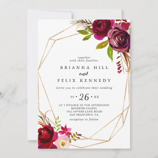 Geometrische bijtende Bourgogne Casual bruiloft Kaart (Voorkant)