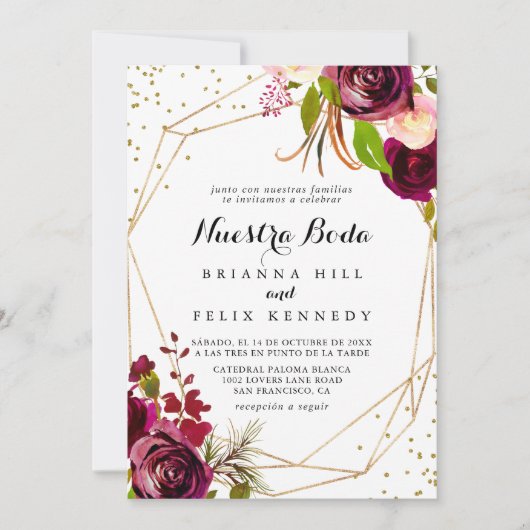 Geometrische bijtende Bourgogne Nuestra Boda Weddi Kaart (Voorkant)