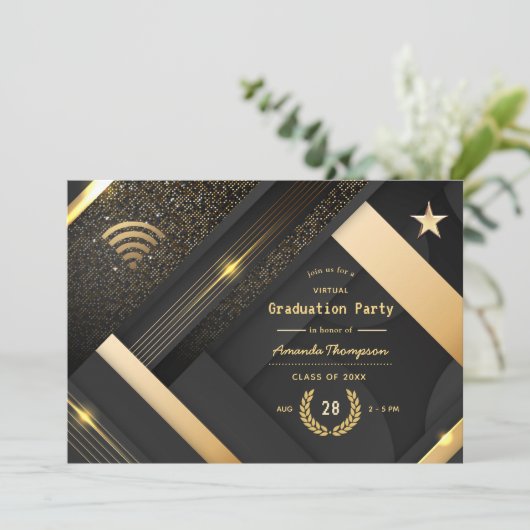 Geometrische Black en Gold Virtual Graduparty Kaart (Staand voorkant)