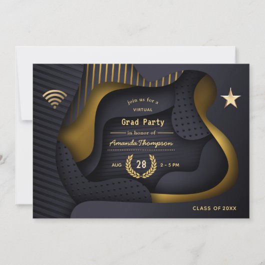 Geometrische Black en Gold Virtual Graduparty Kaart (Voorkant)