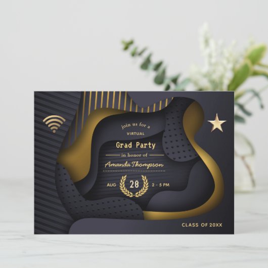 Geometrische Black en Gold Virtual Graduparty Kaart (Staand voorkant)