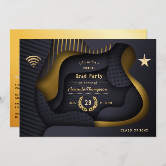 Geometrische Black en Gold Virtual Graduparty Kaart (Voorkant / Achterkant)