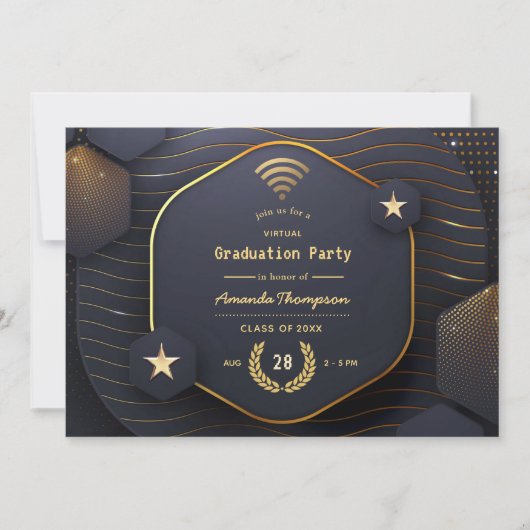 Geometrische Black en Gold Virtual Graduparty Kaart (Voorkant)