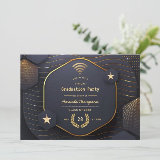 Geometrische Black en Gold Virtual Graduparty Kaart (Staand voorkant)