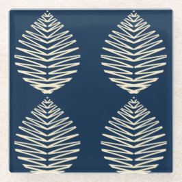 Geometrische Bladeren | Marine & Beige Glazen Onderzetter