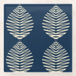 Geometrische Bladeren | Marine & Beige Glazen Onderzetter