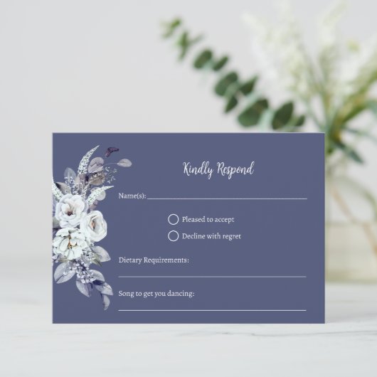 Geometrische blauwe bloemen RSVP-kaart RSVP Kaartje (Staand voorkant)
