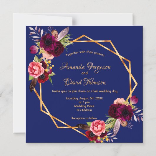 Geometrische blauwe bruiloft van gebombardeerde bl magnetische uitnodiging (Voorkant)