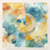 Geometrische Blauwe en Gele Abstracte Waterverf Glazen Onderzetter (Voorkant)
