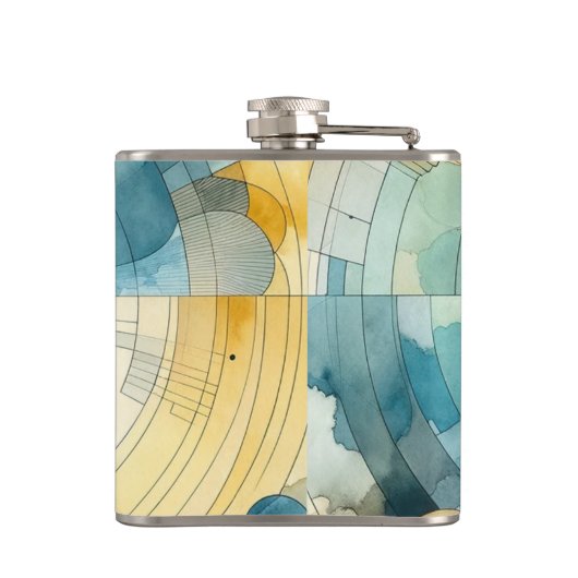 Geometrische Blauwe en Gele Abstracte Waterverf Heupfles (Achterkant)