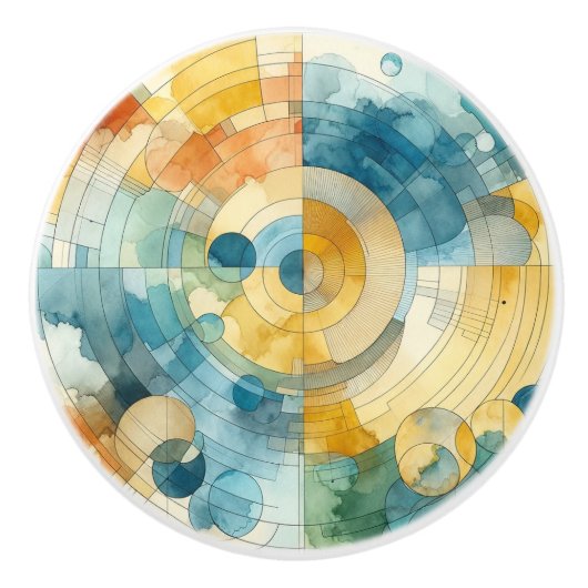 Geometrische Blauwe en Gele Abstracte Waterverf Keramische Knop (Voorkant)