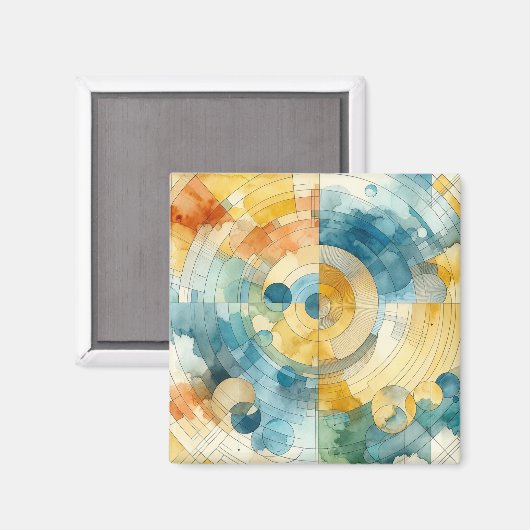 Geometrische Blauwe en Gele Abstracte Waterverf Magneet (Voorkant / Achterkant)