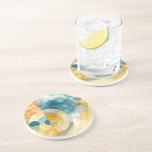 Geometrische Blauwe en Gele Abstracte Waterverf Zandsteen Onderzetter