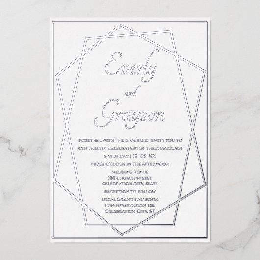 Geometrische blauwe en zilverbruiloft folie uitnodiging (Voorkant)