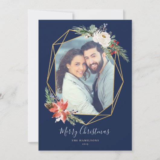 Geometrische blauwe foto met kerstflessen feestdagenkaart (Voorkant)