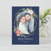 Geometrische blauwe foto met kerstflessen feestdagenkaart (Staand voorkant)