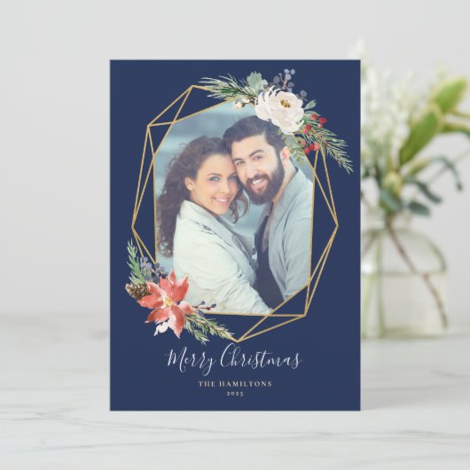 Geometrische blauwe foto met kerstflessen feestdagenkaart (Staand voorkant)