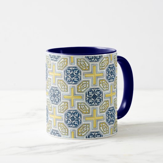 Geometrische blauwe gele Faux Tile Coffee Mok (Voorkant rechts)