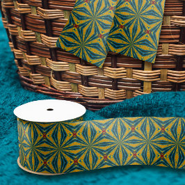 Geometrische Blauwe & Gele Ster Vintage Tribale Et Satijnen Lint