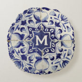  Geometrische Blauwe Tile Monogrammen Rond Kussen (Voorkant)