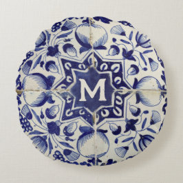  Geometrische Blauwe Tile Monogrammen Rond Kussen