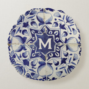  Geometrische Blauwe Tile Monogrammen Rond Kussen