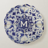  Geometrische Blauwe Tile Monogrammen Rond Kussen (Achterkant)