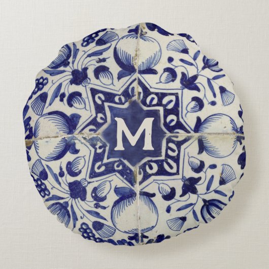  Geometrische Blauwe Tile Monogrammen Rond Kussen (Achterkant)