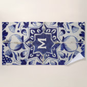  Geometrische Blauwe Tile Monogrammen Strandlaken (Voorkant)