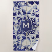  Geometrische Blauwe Tile Monogrammen Strandlaken (Voorkant)