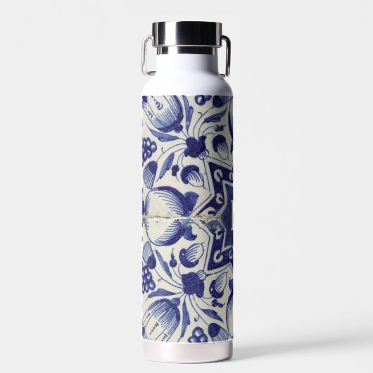  Geometrische Blauwe Tile Monogrammen Waterfles (Voorkant)