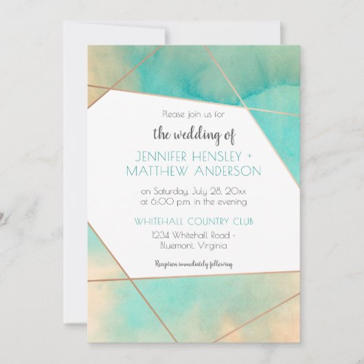 Geometrische Blauwgroen en Peach Waterverf Splash Kaart (Voorkant)