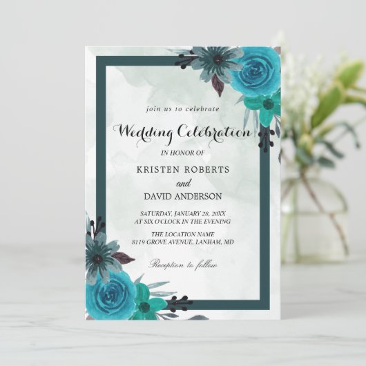 geometrische blauwgroen en zwarte trouwuitnodiging kaart (Staand voorkant)