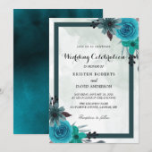 geometrische blauwgroen en zwarte trouwuitnodiging kaart (Voorkant / Achterkant)