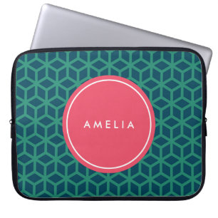 Geometrische Blauwgroen gepersonaliseerde naam mon Laptop Sleeve