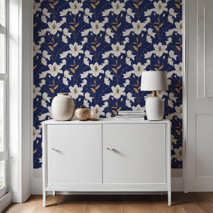 Geometrische bloem Blauw beige lelie patroon Behang