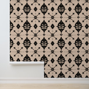 Geometrische bloem zwart en beige patroon behang